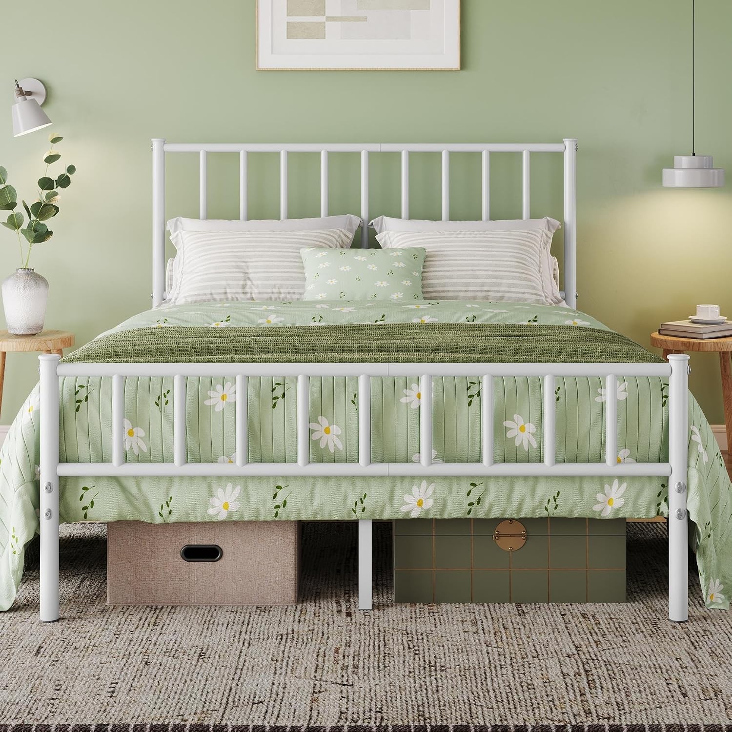Full Size Metal Platform Bed Frame with Spindle Headboard White | Heavy-duty