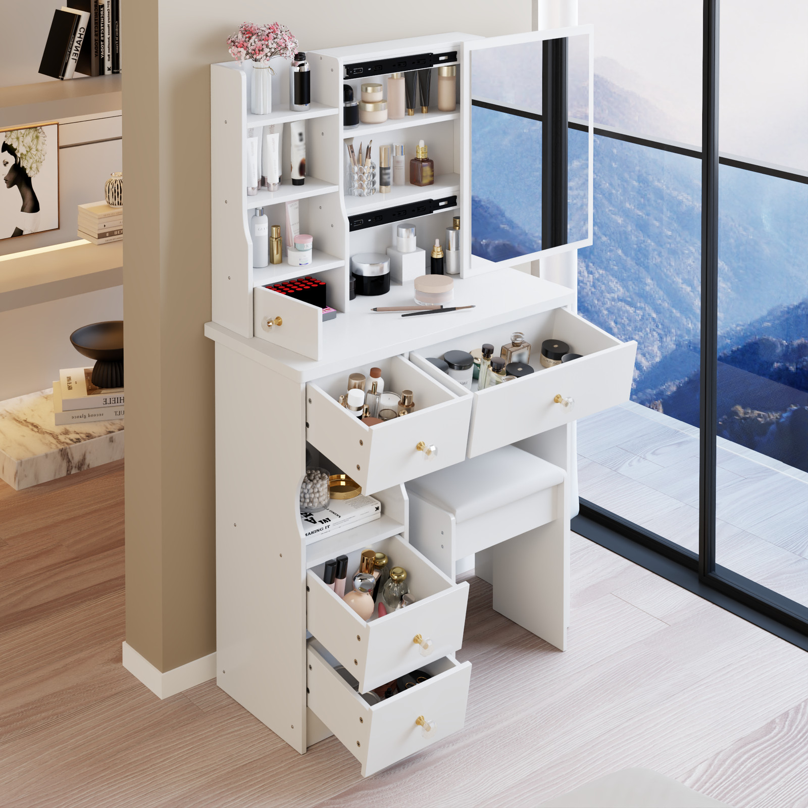 29.2" Small Space Left Drawer Desktop Vanity Table + Cushioned Stool, Extra La