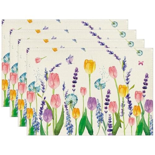 Lavender Floral Placemats Set of 4, 12x18 Inch Butterfly Mats | Lavender