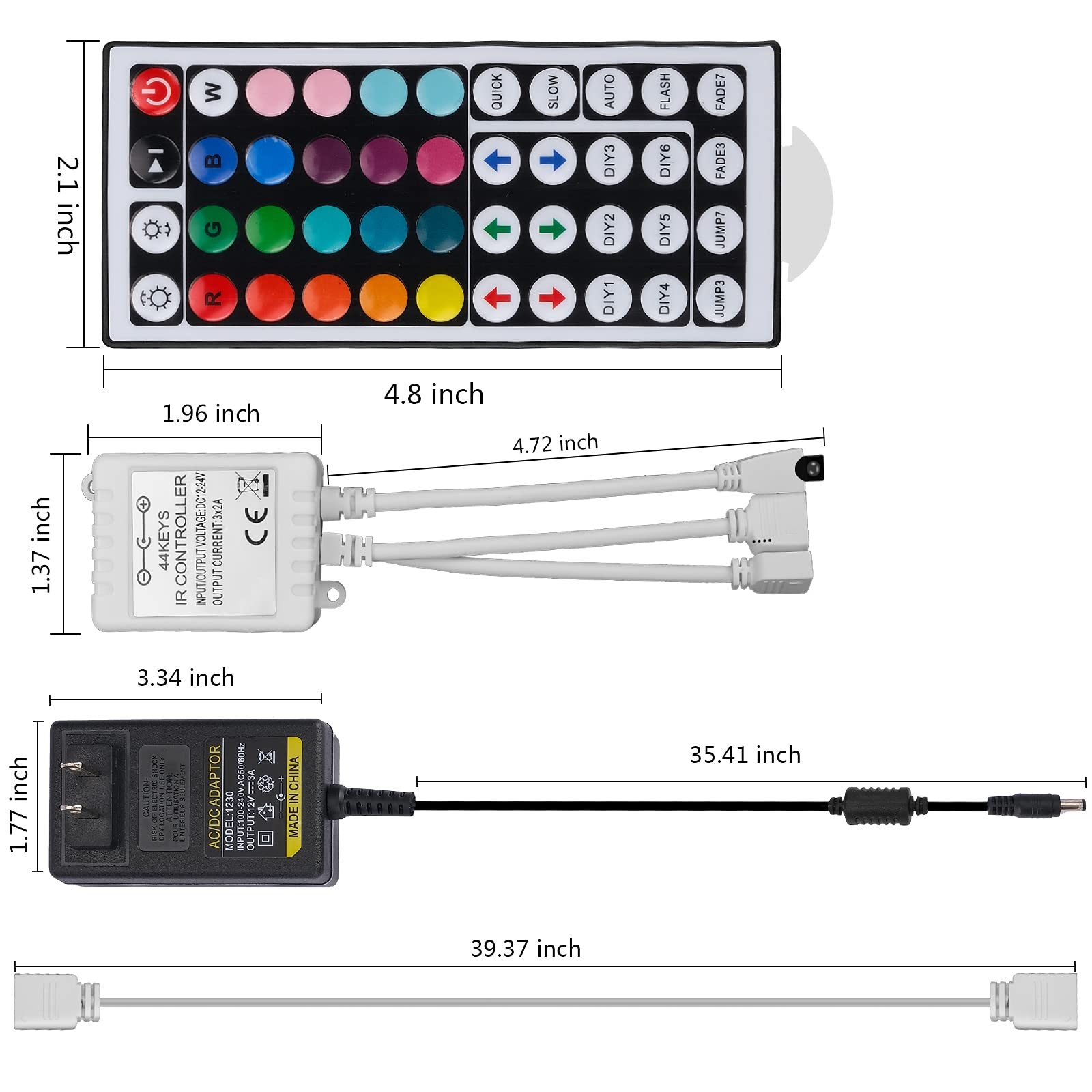 2-Port 44 Key IR LED Light Remote,RGB Control Box+ DC 12V 3A LED Power Supply...