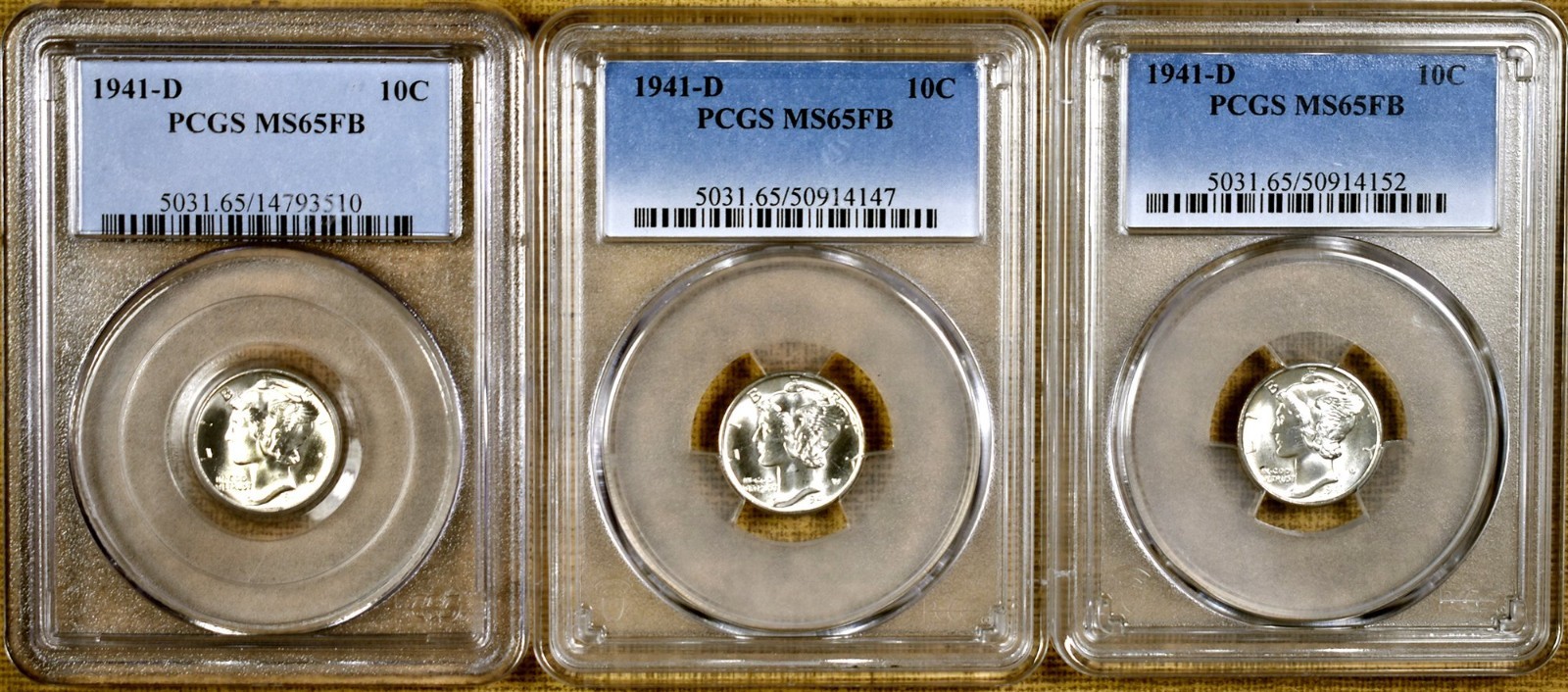 Lot of 3 - 1941-D PCGS MS65 FB Mercury Dimes - Every Coin Is 95%+ Blazing White
