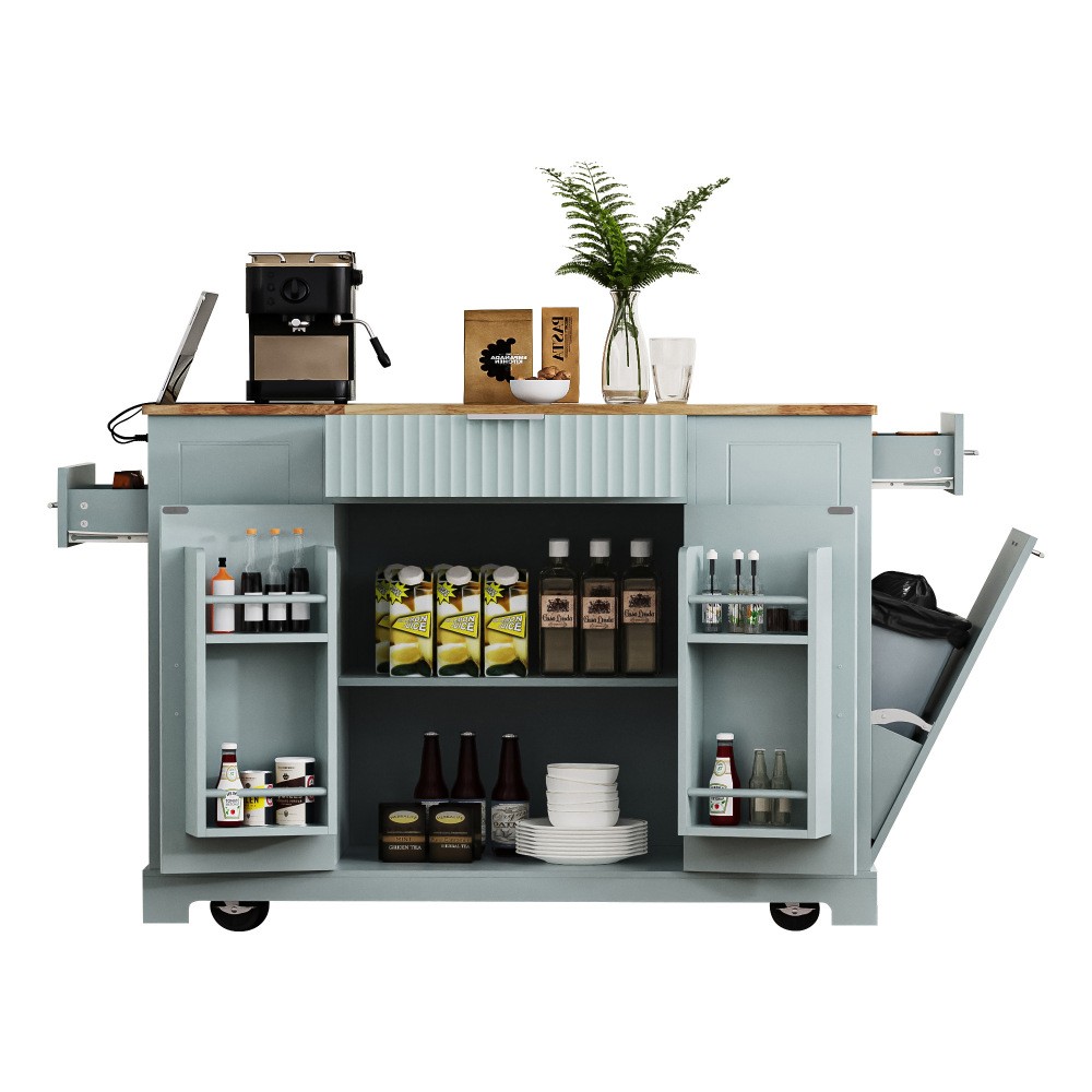K&K Fluted Kitchen Island with Trash Can Storage Cabinet, Power Outlet