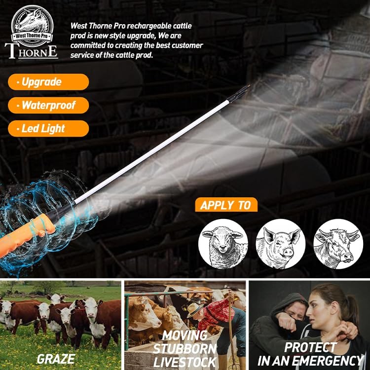 Cattle Prod, Waterproof Cattle Prod Stick with LED Light, Livestock Prod for ...