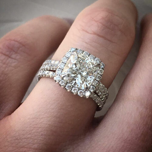 Engagement Trio Ring Set 14k White Gold 2.91 Ct Cushion Cut Moissanite Size 8.5