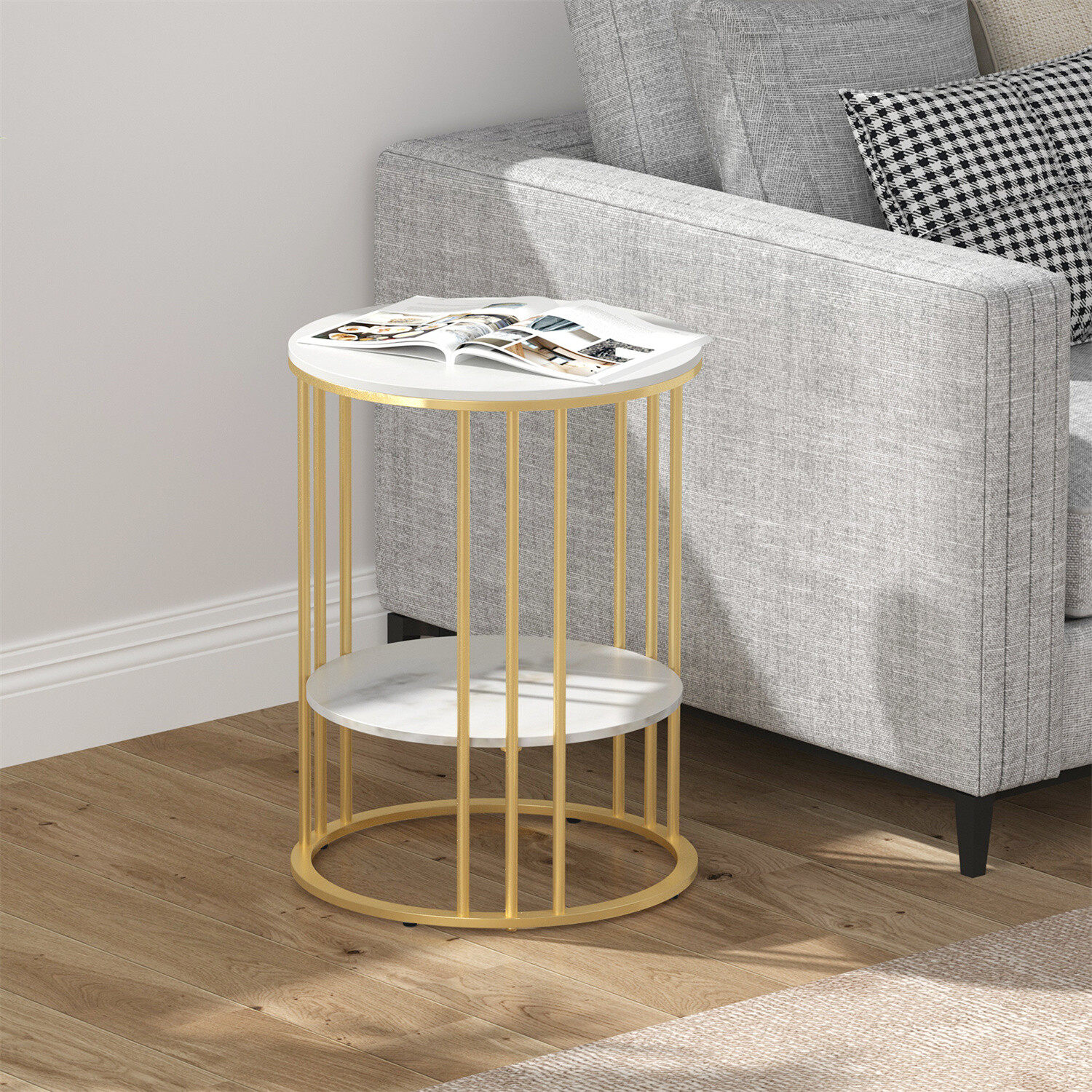 Gold Side End Table, 2 Tier Round Marble Side Table with Storage Shelf Modern