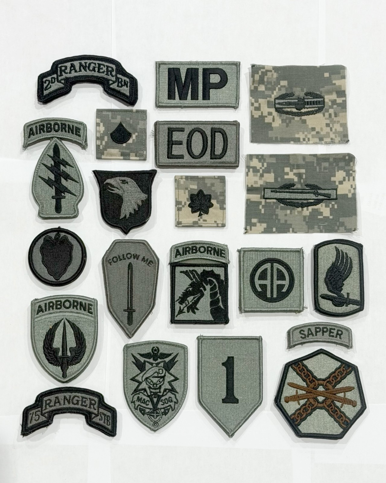 Assorted ACU Patches, Scrolls, Tabs, Ranks, and Badges, 20 QTY pcs