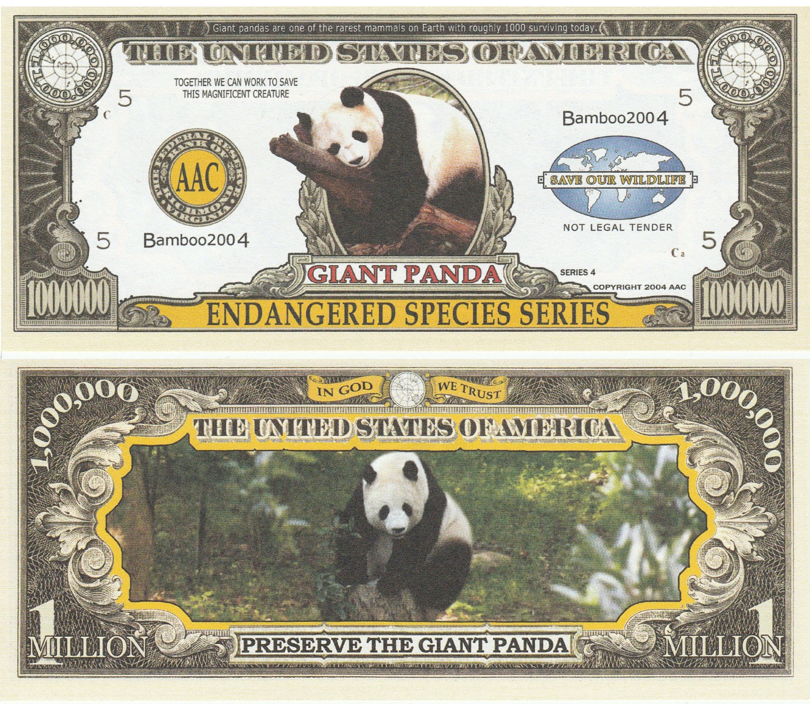 Endangered Species Panda Bear Million Dollar Bill Play Funny Money + FREE SLEEVE