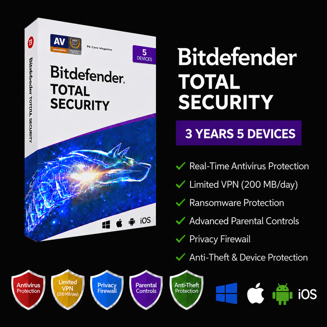 Bitdefender Total Security 2026 - 3 Years 5 Devices (Windows,MAC,Android)