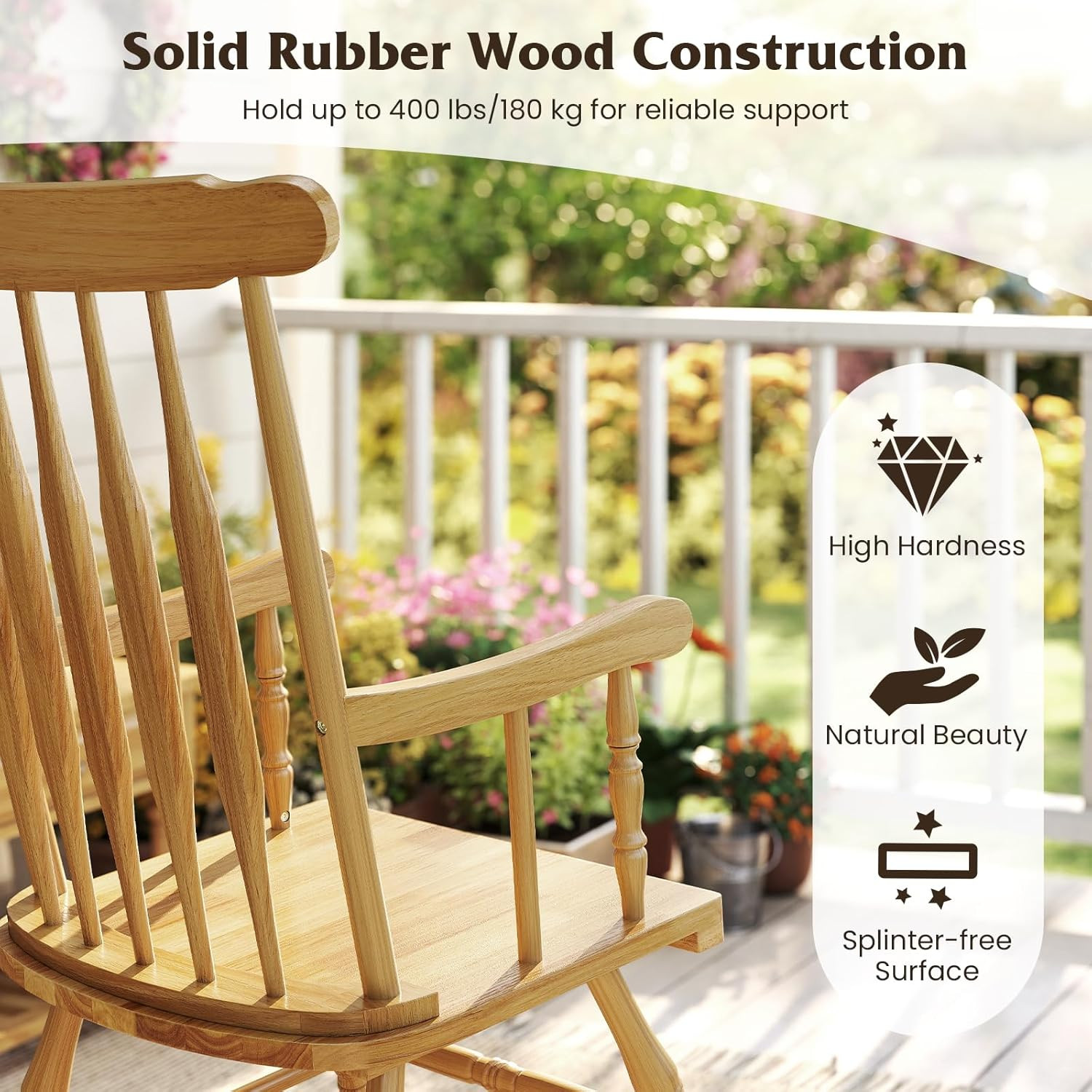 Outdoor Wood Rocking Chair - Patio Rocking Chair with Solid Rubber Wood Frame, S