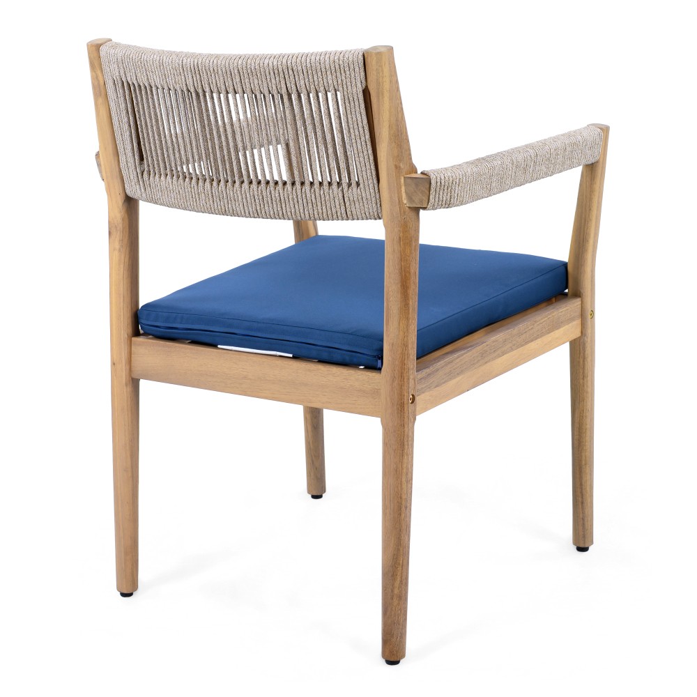 2 Acacia Wood Patio Chairs with Navy Blue All-Weather Cushions