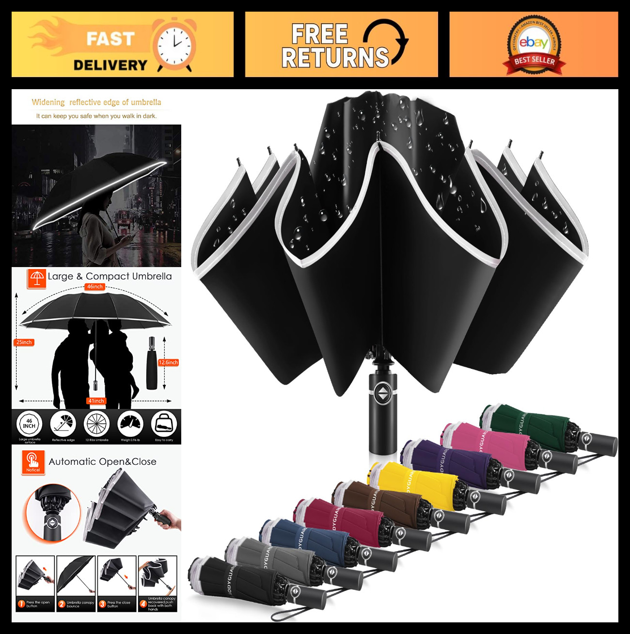Large Windproof Inverted Umbrella - Compact Reverse Design, Teflon-Coated, Trave