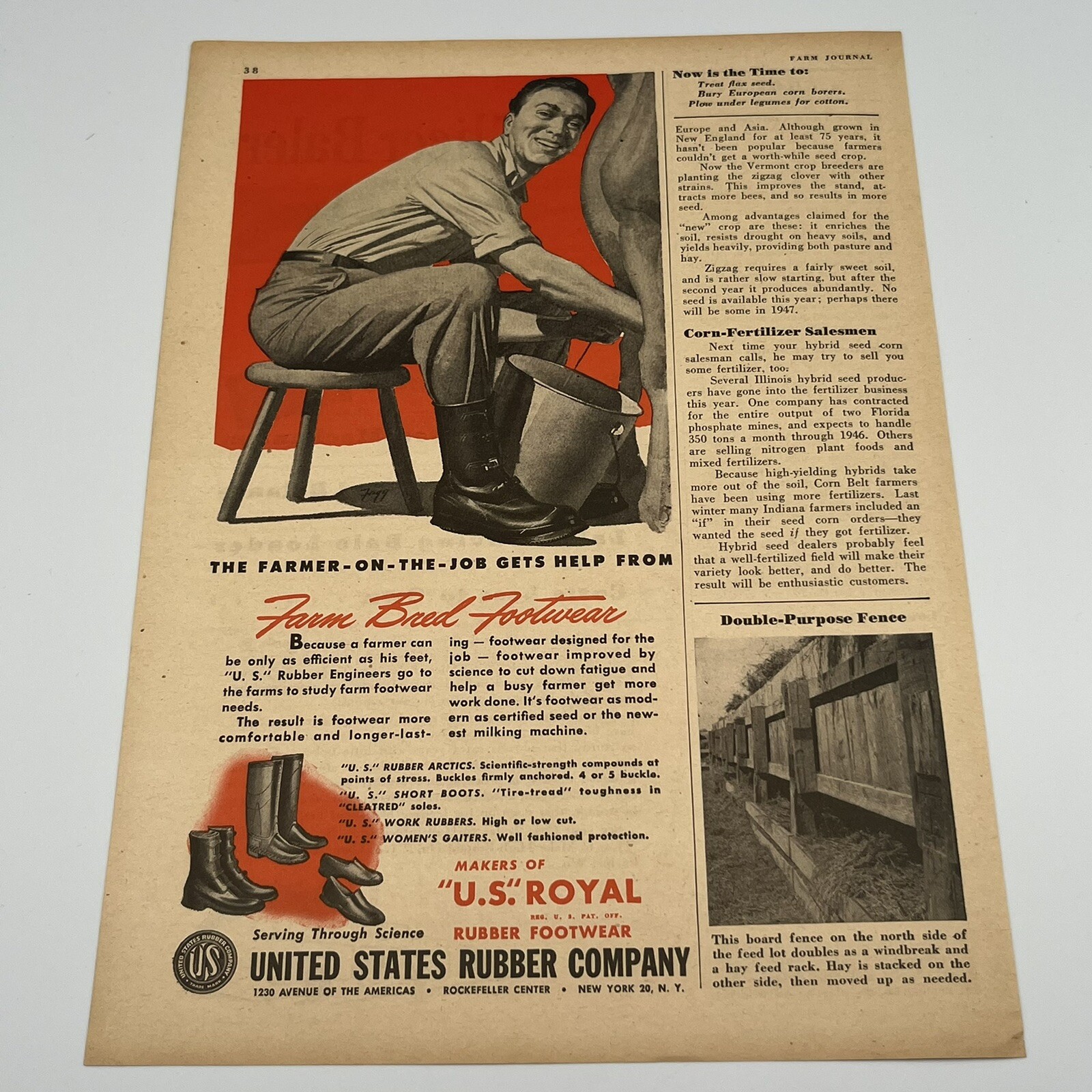US Royal Rubber Footwear 1946 Vintage Print Ad 5.5x11" milking a cow farming
