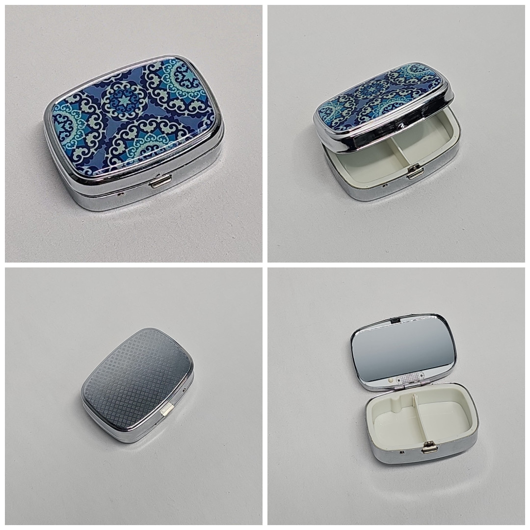 Travel Pill Box Compact Hinged Mirror Mandela Design Blue Green Case Organizer