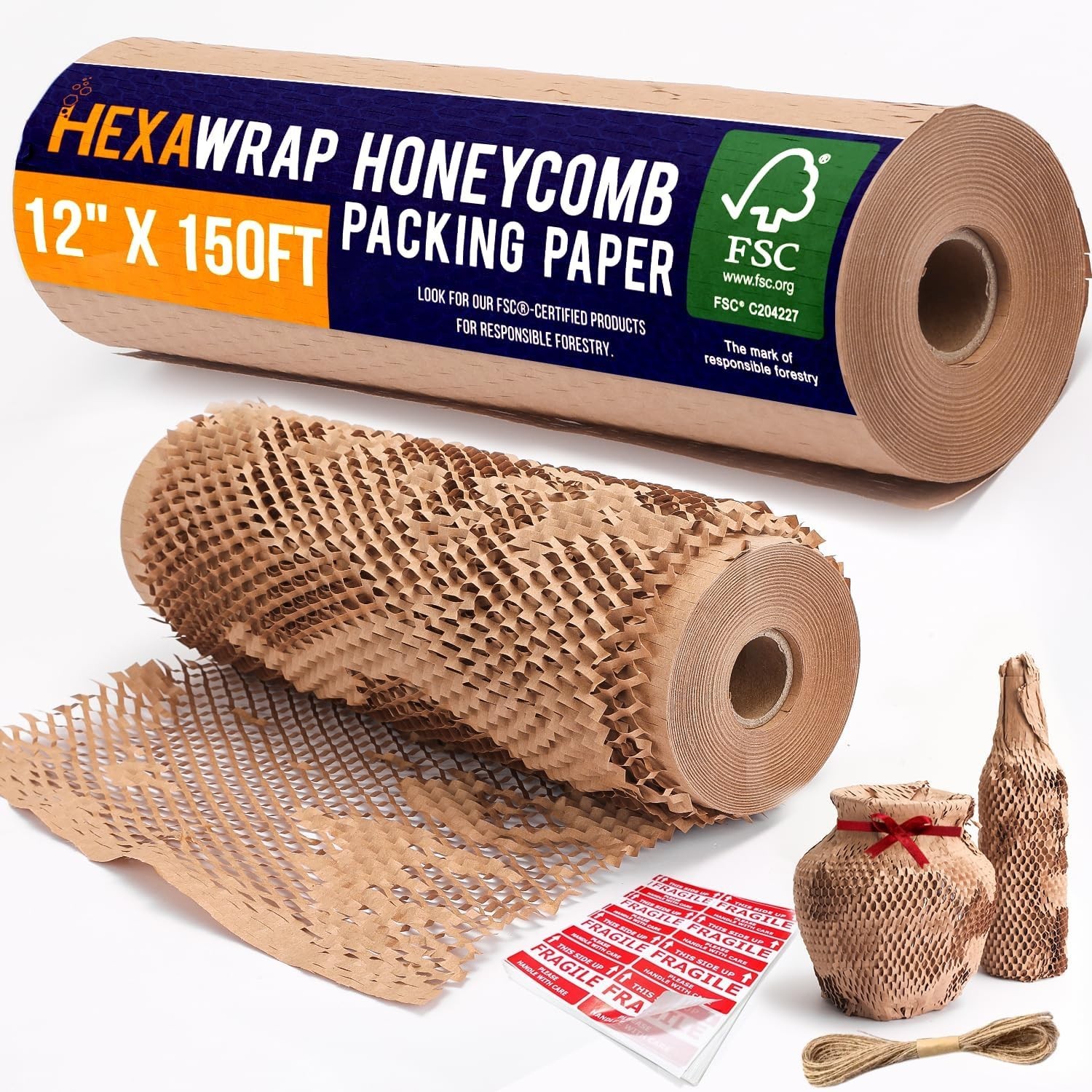 Honeycomb Packing Paper 12" x 150ft with Rope & 20 Fragile Stickers|Shipping ...