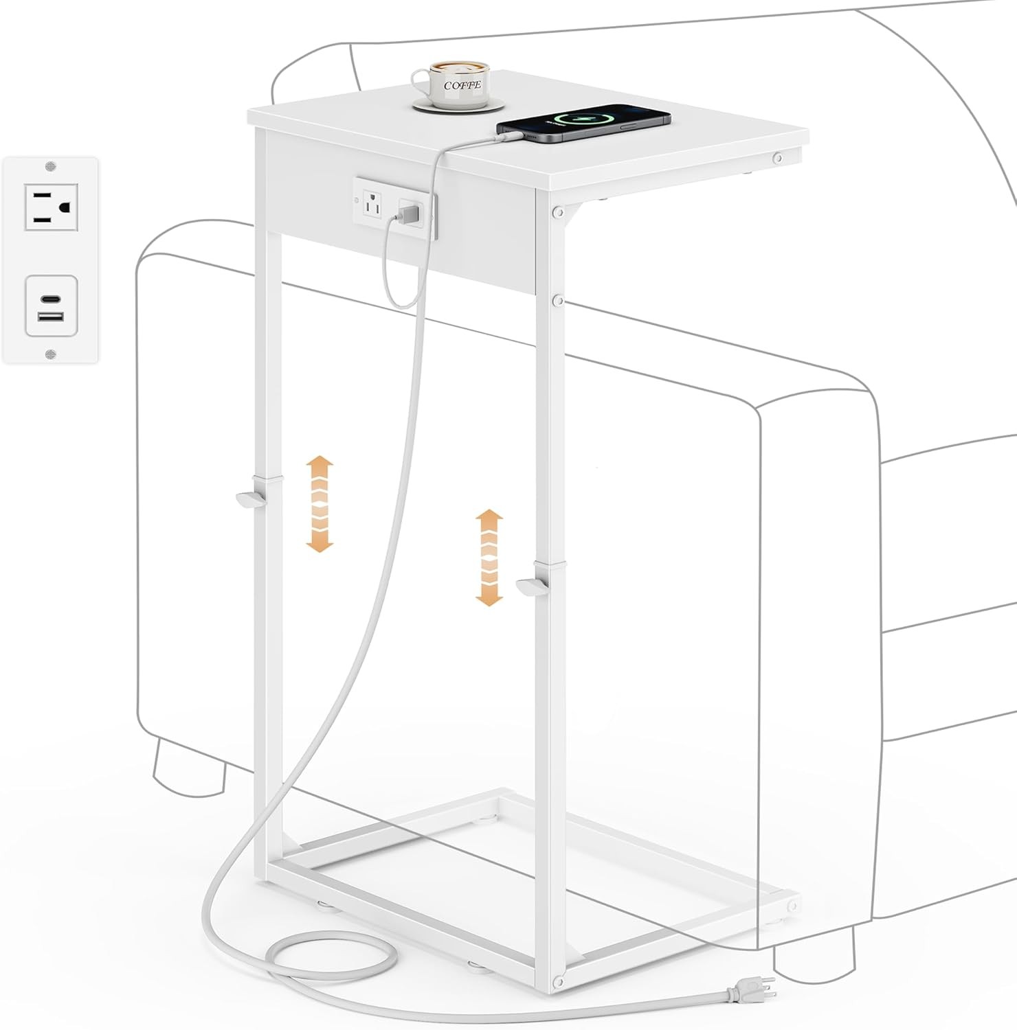 C Shaped End Table W/ Charging Station Adjustable Height Side Table Couch Small