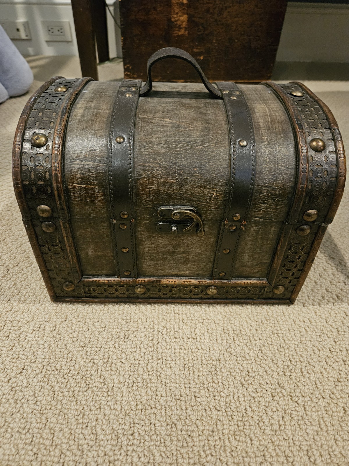 Antique Style Wooden Treasure Chest with Metal Accents, Carvings, Pirate Theme