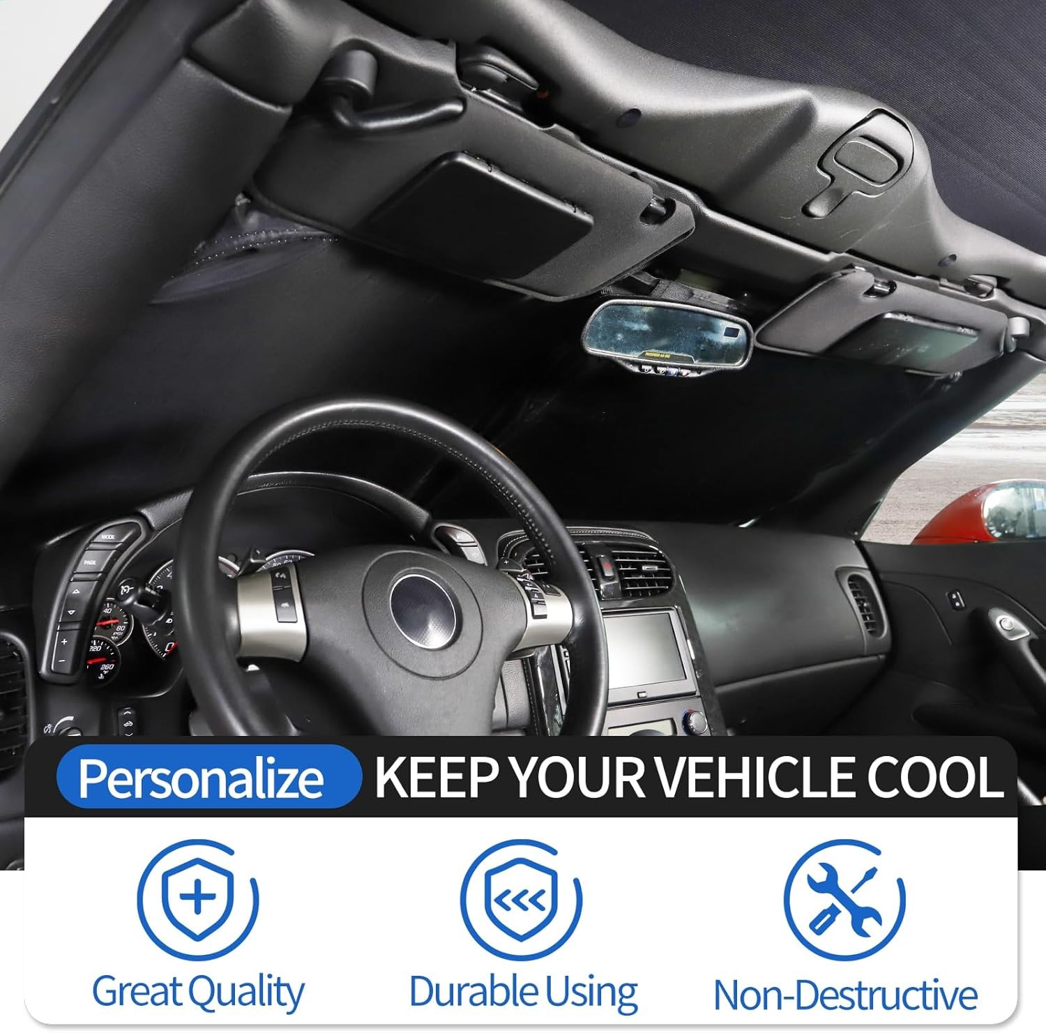 Windshield Sunshade for Chevrolet Corvette C6 2005-2013, Folding, Blocks UV Rays