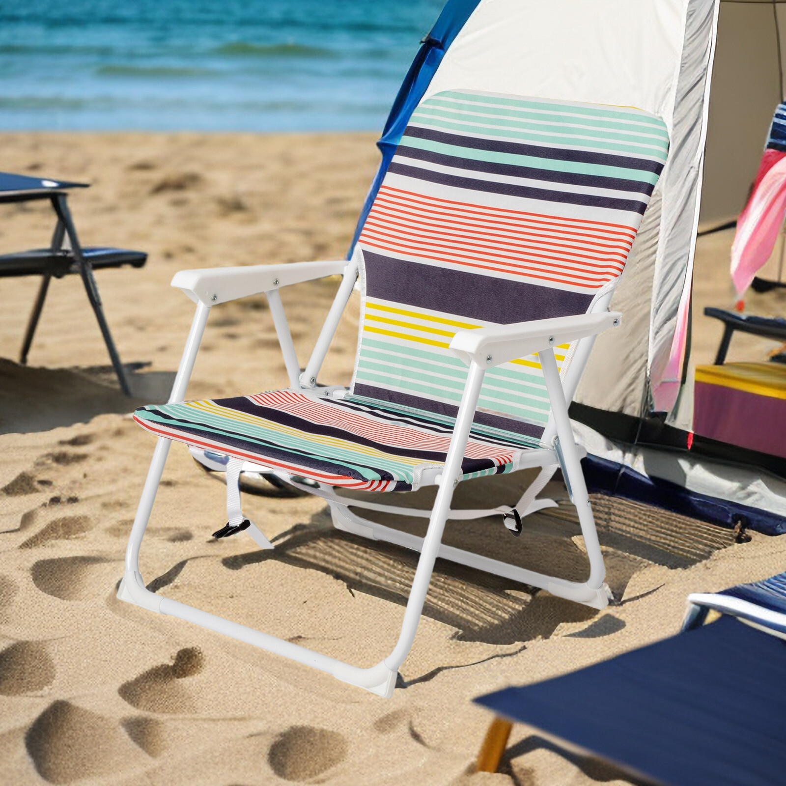 Folding Beach Chair - Fabric, White Metal Frame, Lightweight & Multicolor