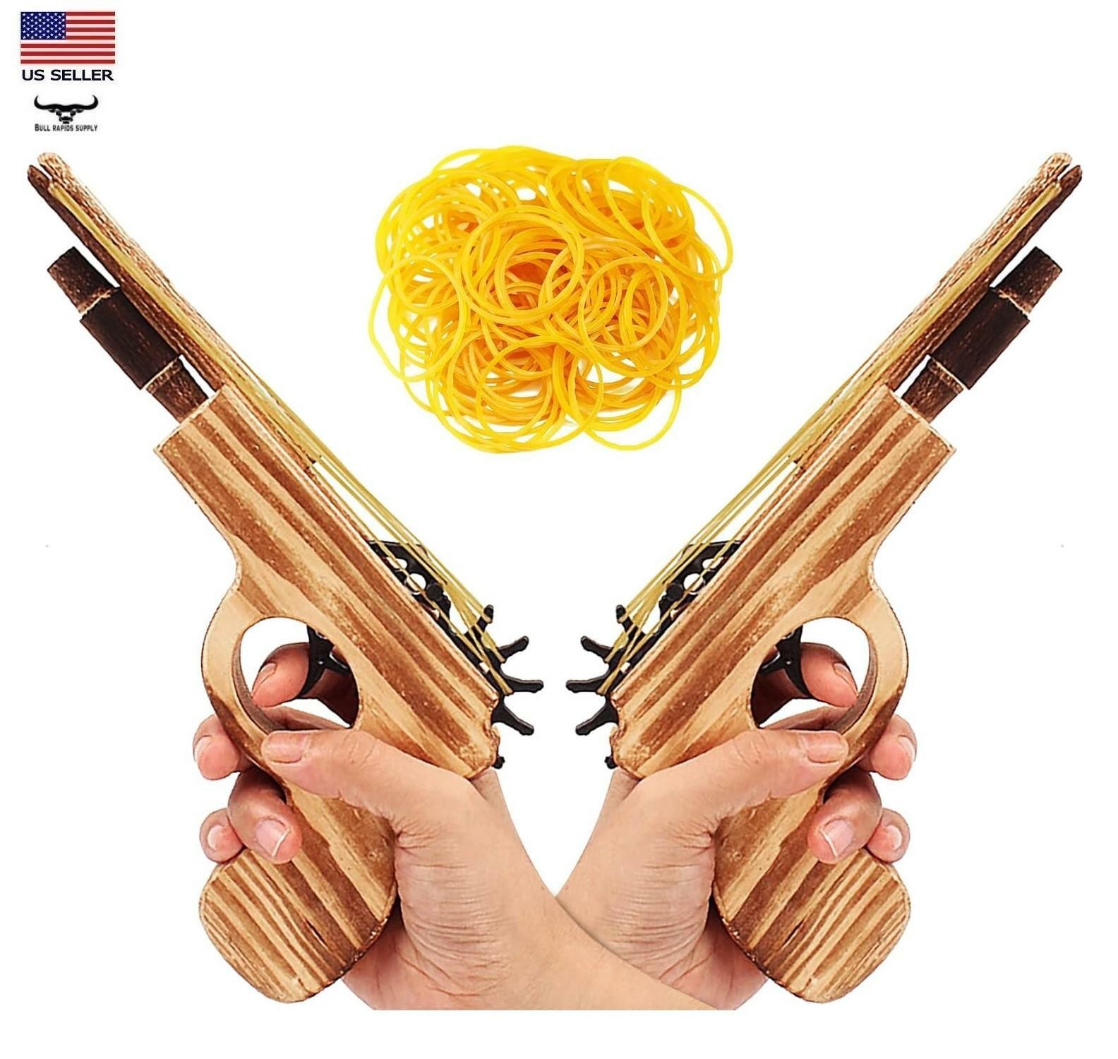 2 pack Wooden Rubber Band Gun Revolver Outdoor Toy w/ Rubber Bands 9 inches Long