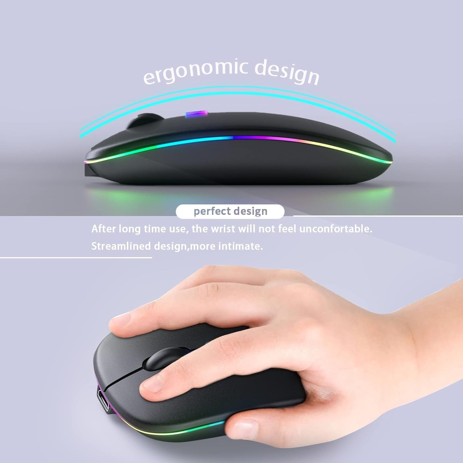 Stylish Rechargeable Bluetooth Mouse with Colorful LED Lights for All Devices