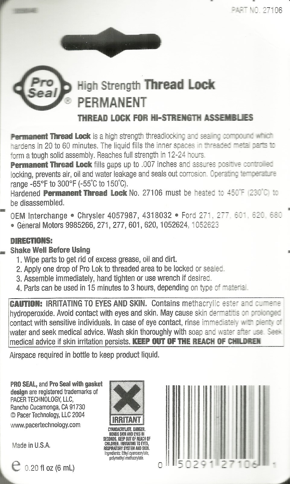 Pro Lok PERMANENT Thread Locker RED Thread Lock nut bolt stud PRO SEAL 27106