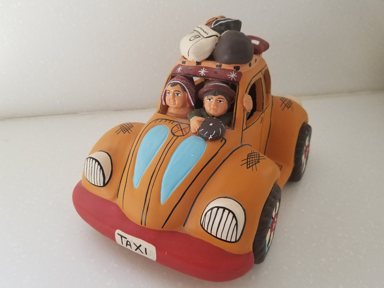 Peruvian Clay Terracotta Folk Art Taxi w/People Sculpture Handmade Handpainted