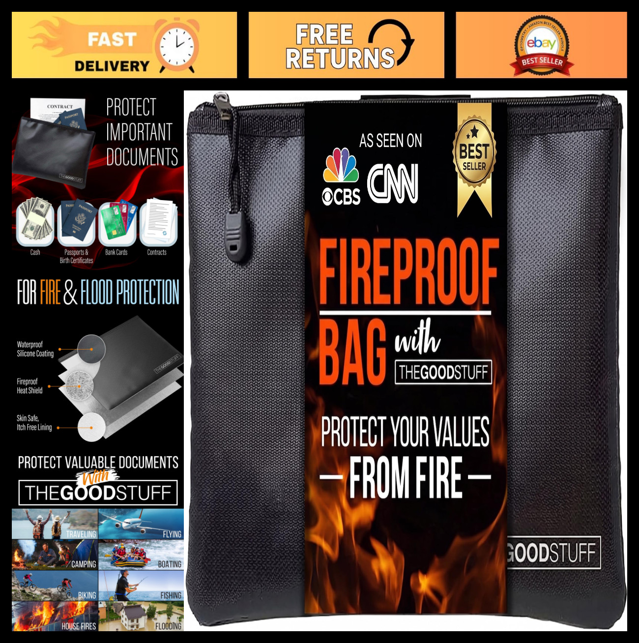 Fireproof Waterproof Money Bag & Document Holder - Secure Storage for Cash, Pape