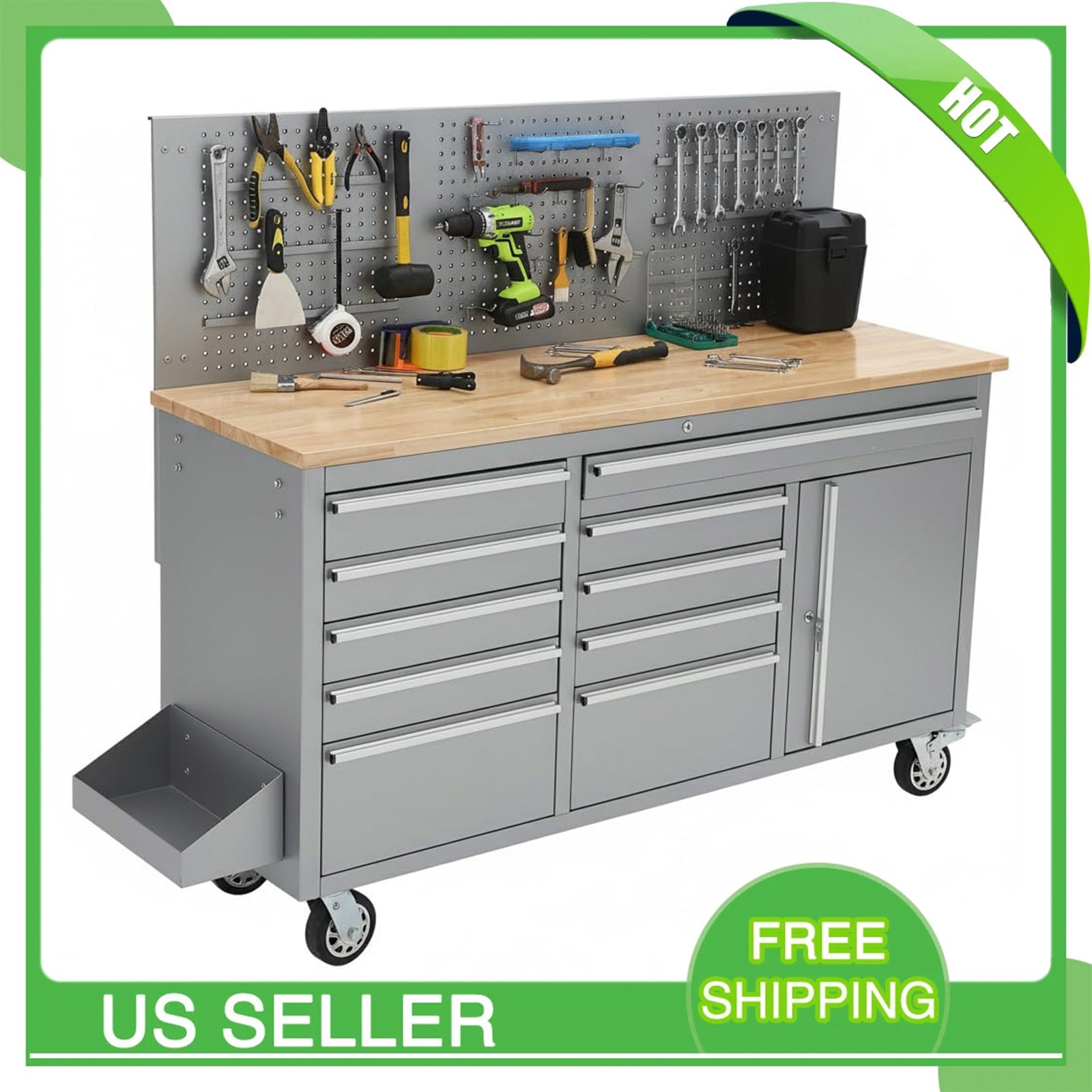 61" Heavy Duty Rolling Tool Chest Workbench w/10 Drawers, Sturdy Rubber Wood Top