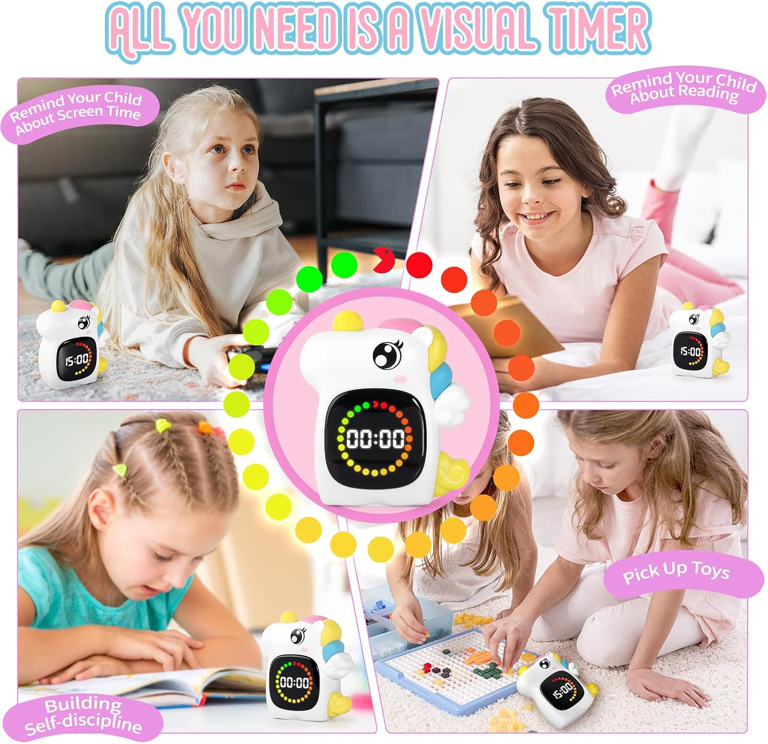 Unicorn Visual Timer for Kids, Rechargeable 99:59 Digital Countdown Potty Timer,
