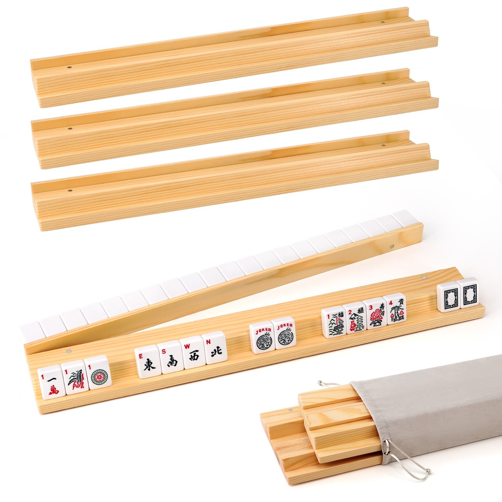 19-Inch Wooden Mahjong Tile Racks, Set of 4 with Pushers Magnetic Attachments