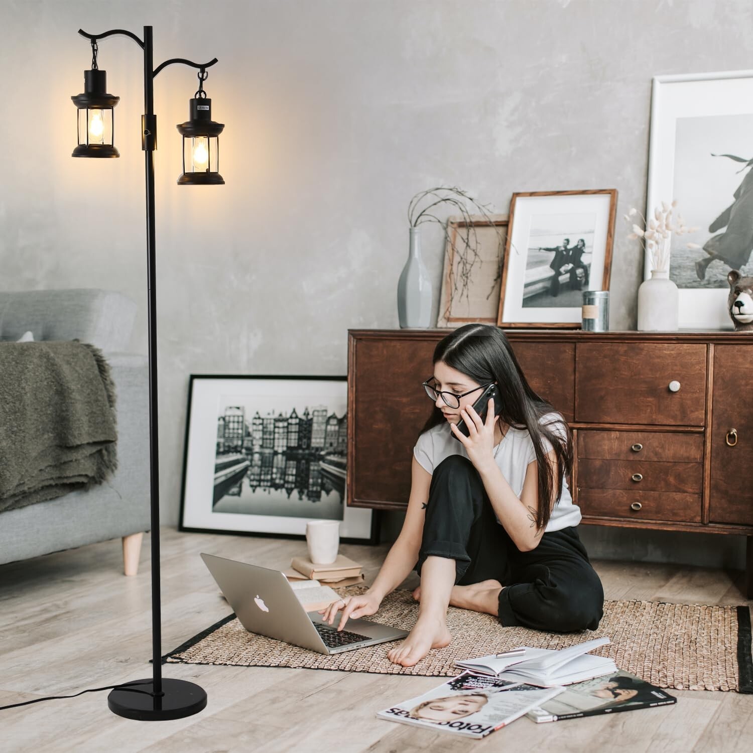 Vintage Dimmable Floor Lamp,2 Classical Lanterns Standing Lamp, Rustic Farmho...