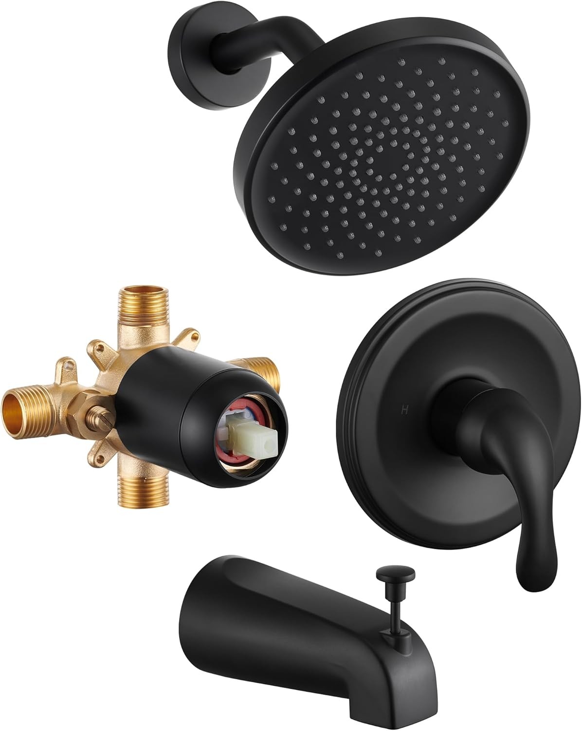 Tub Shower Faucet Set With Valve - 6 Inch Black Shower Head and Handle Set, High