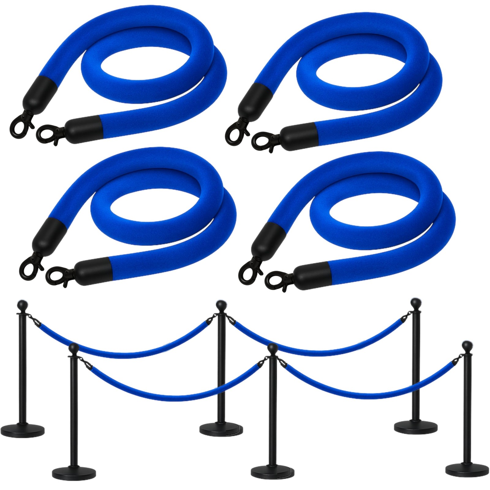 4 PCS Blue Velvet Rope - 5 Ft Crowd Control Ropes Control Hanging Stanchion