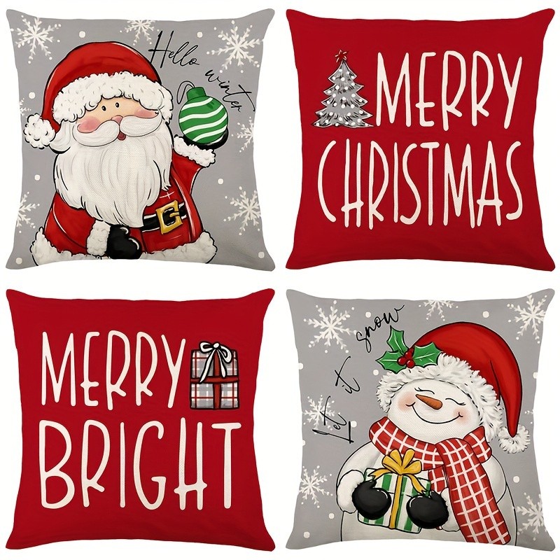 4 Pack Christmas Pillow Covers With Red Tone Festive Character & Word Prints