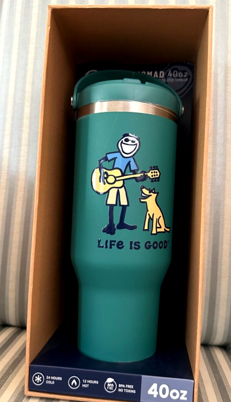 NWT  LIFE IS GOOD 40 OZ  STAINLESS STEEL INSULATED TUMBLER.... "ACOUSTIC JAKE"