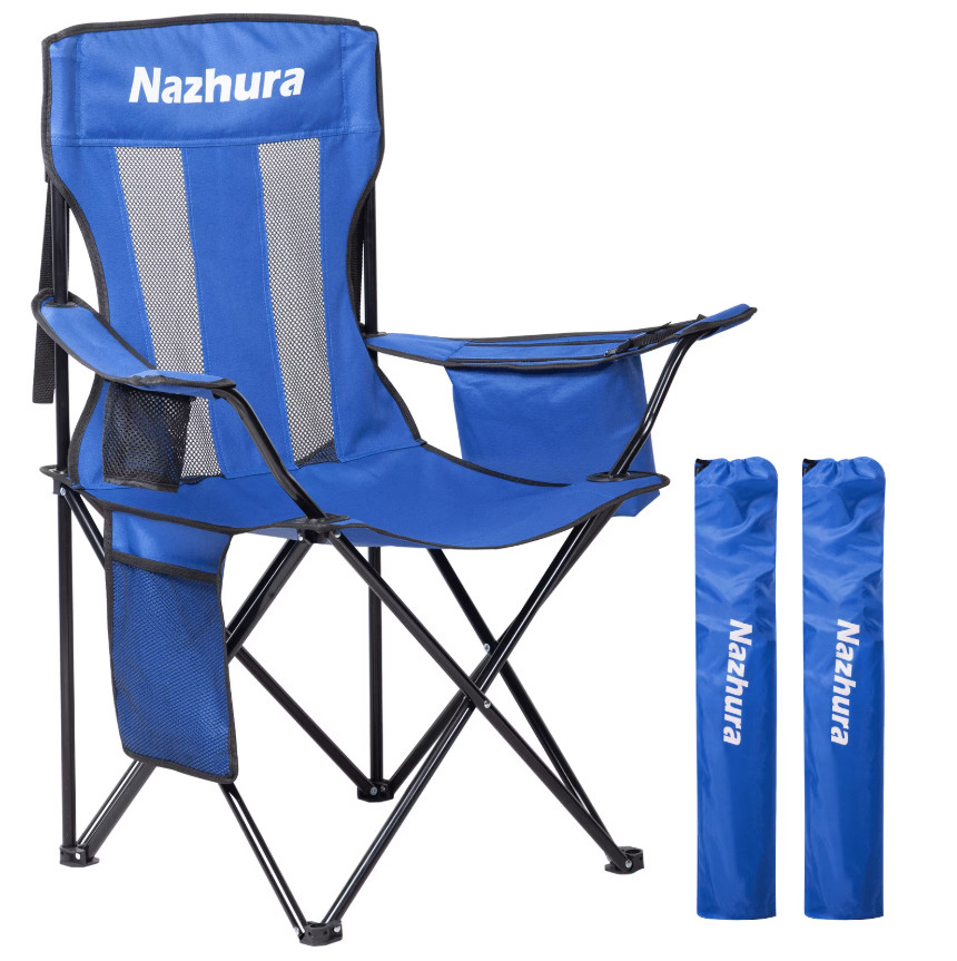 2-Pack Blue Foldable Camping Chairs w/ Cooler, Cup Holder & Mesh Back