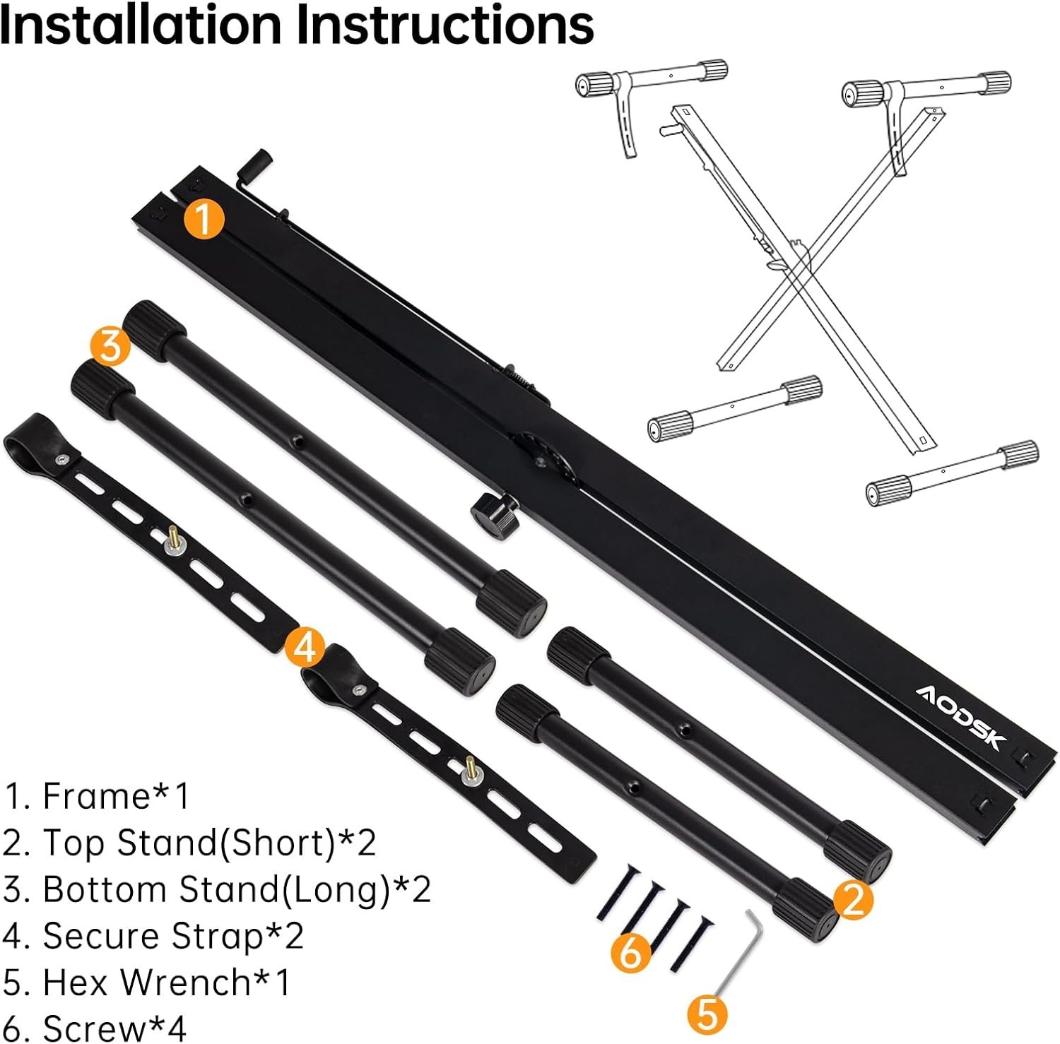 AODSK Single X Black Keyboard Stand Adjustable Height Width w/ Locking Straps