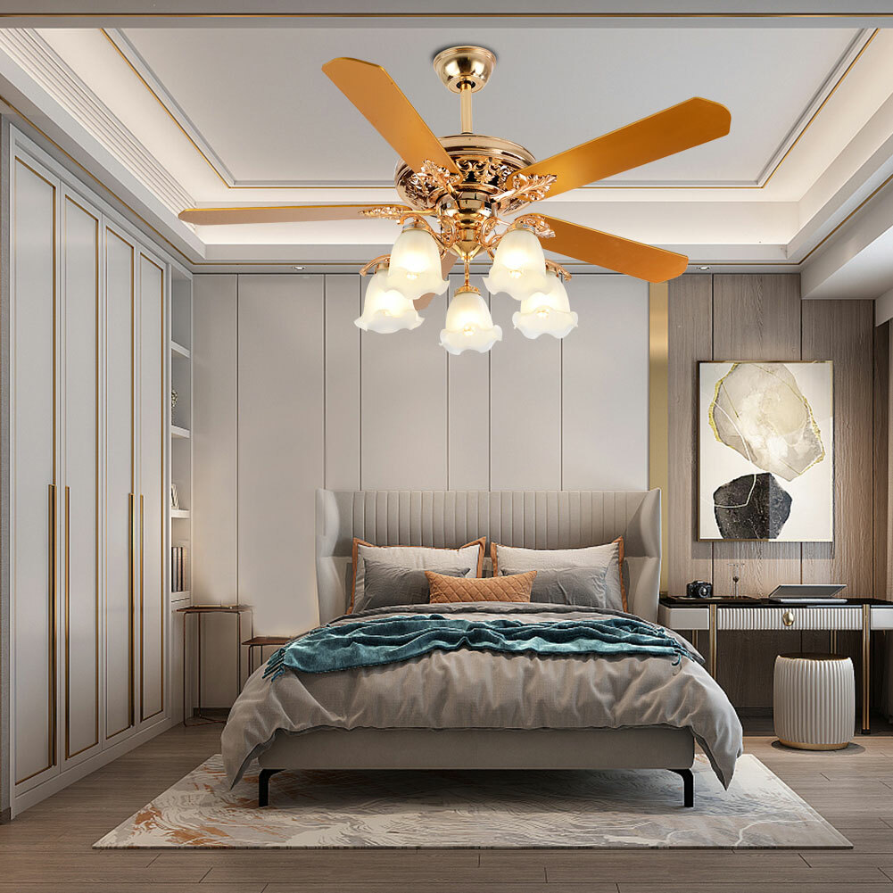 52" Modern Ceiling Fan Light 5 Wood Blades Lamp Chandelier 3-Speed w/Remote
