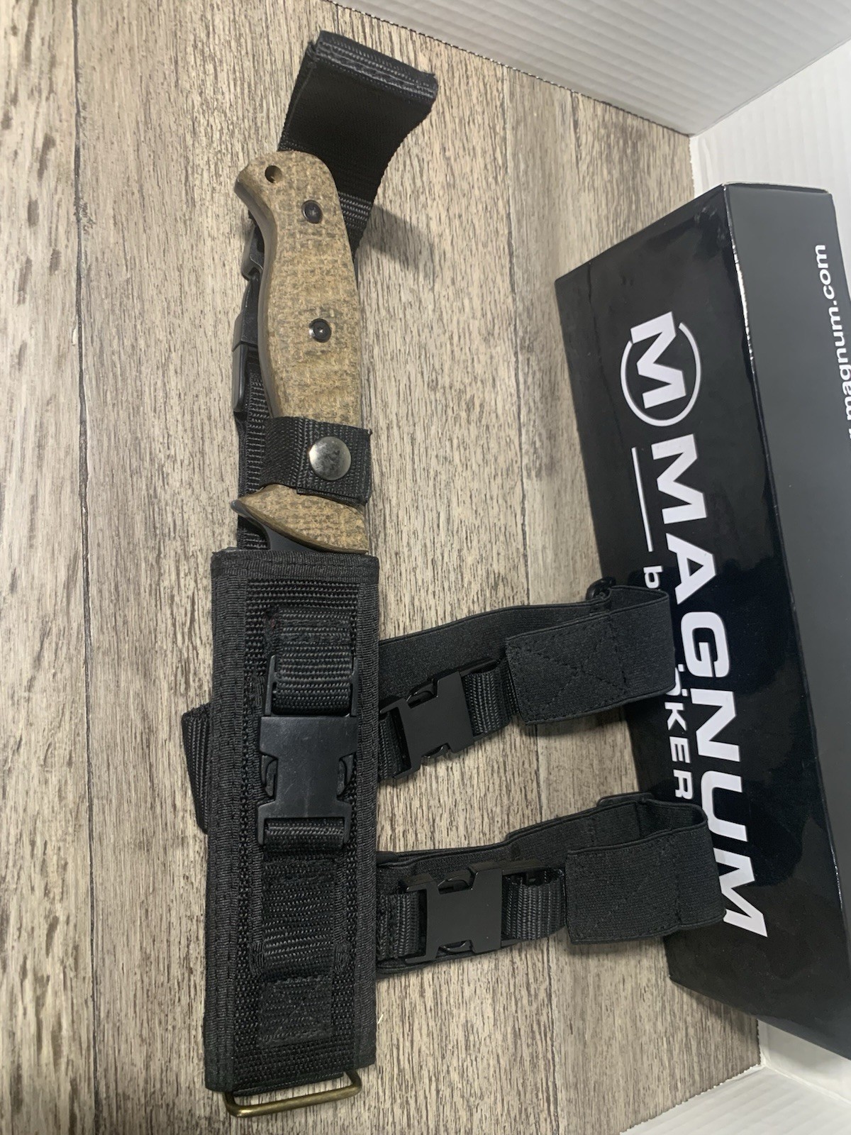Magnum by Böker Black Drop Point Survival Knife, Sheath, Tan Handle