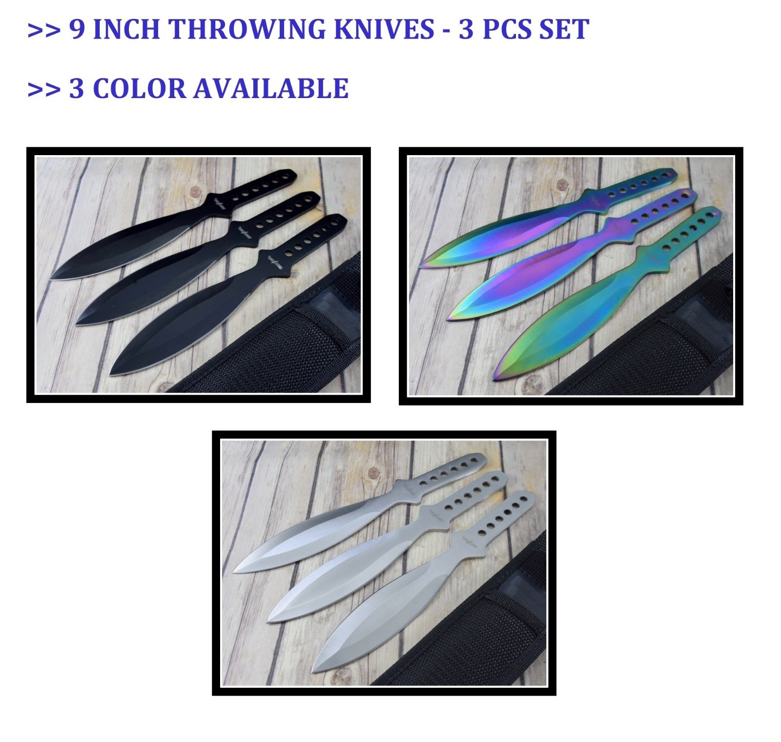 9" OVERALL PERFECT POINT 3MM THROWING KNIVES WITH SHEATH - AVAILABLE IN 3 COLORS