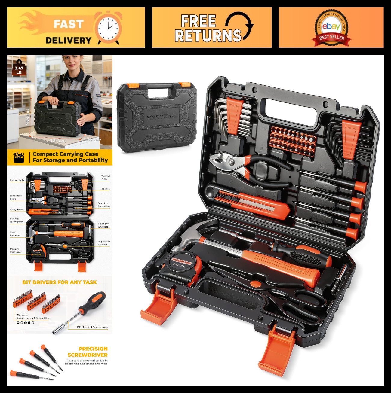 57-Piece Home Repair Tool Set, Portable Toolbox Kit for DIY, Handyman & Homeowne