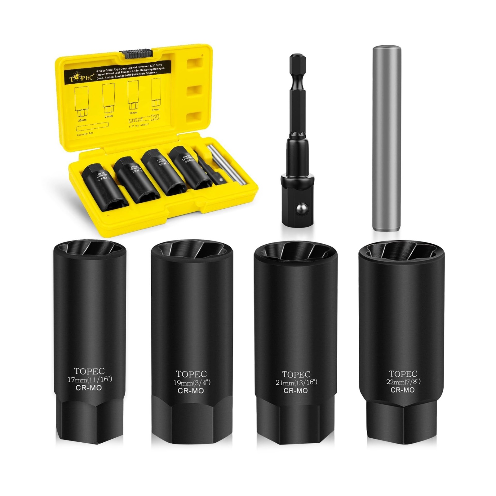 Topec 6PCS Deep Lug Nut Removal Tool, 1/2" Drive Lug Nut Extractor Set, 17,19...