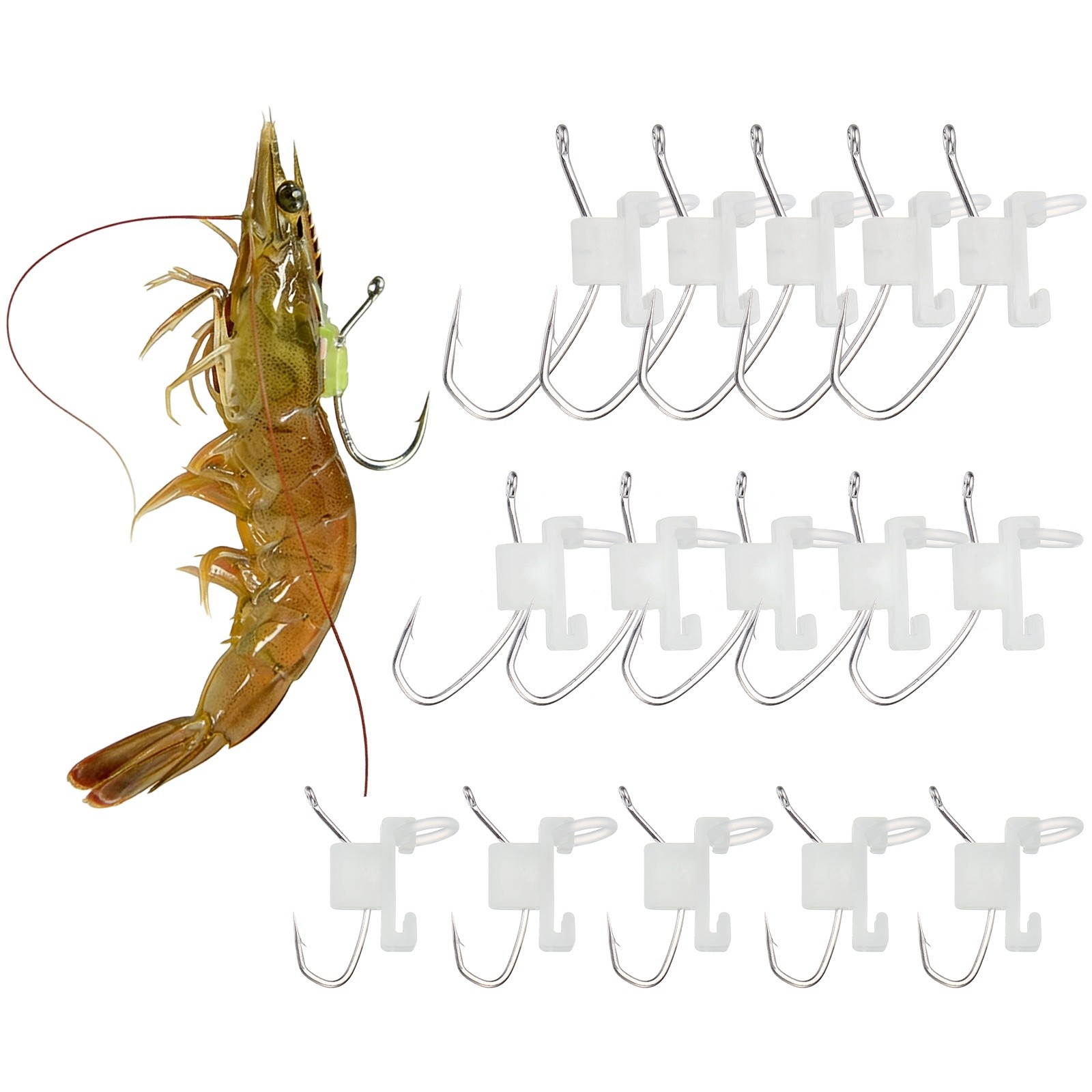 30Pcs 15#,17#,20# Luminous Shrimp Hooks, High Carbon Steel Fishing Hook, Silver
