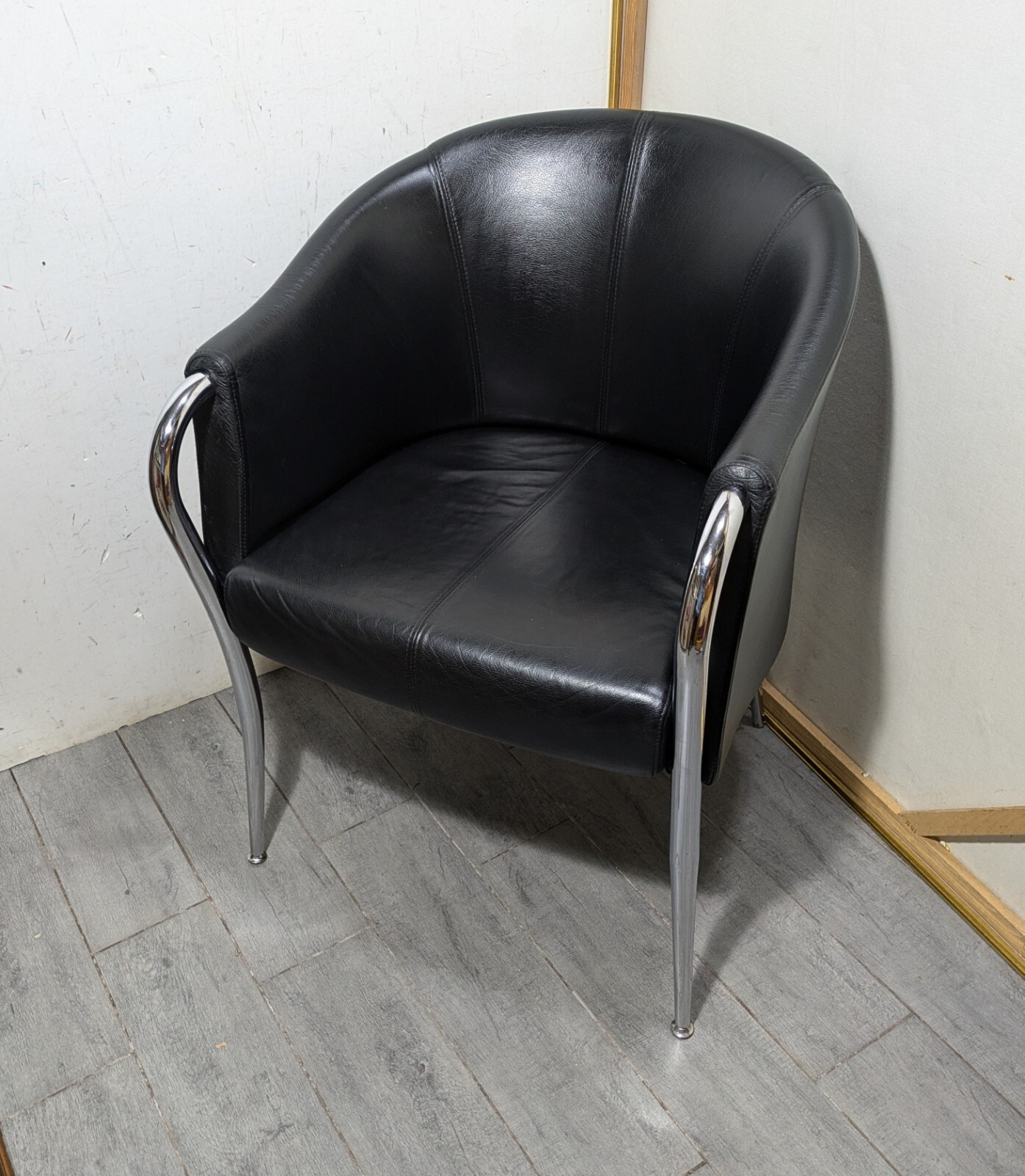 Vintage 90s Chrome & Black Leather Club Arm Chair Mid Century Modern Postmodern