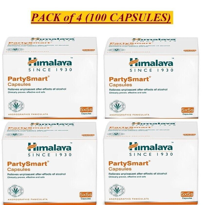 4 X Himalaya Party Smart Capsules (25 Cp each) relieves aftereffects of ALCOHOL