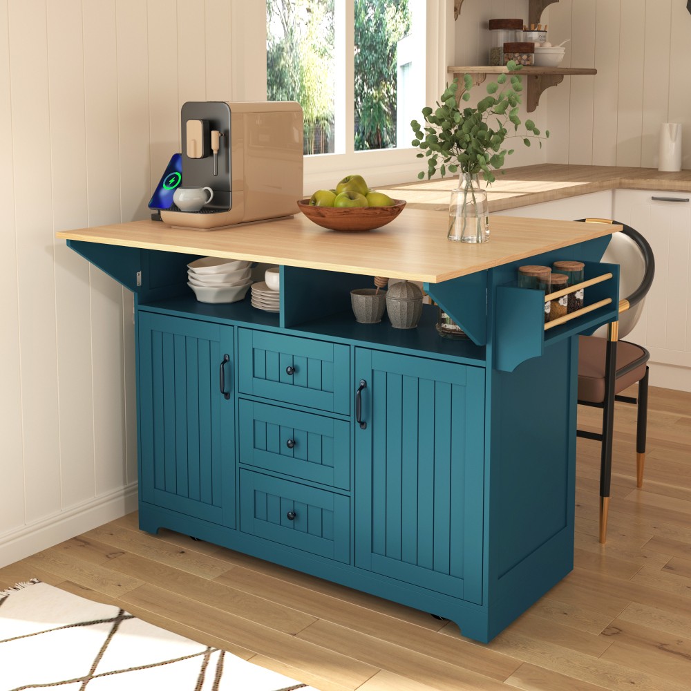 Large Kitchen Island With Rolling Drop Leaf Power Outlet Wheels Storage Drawers