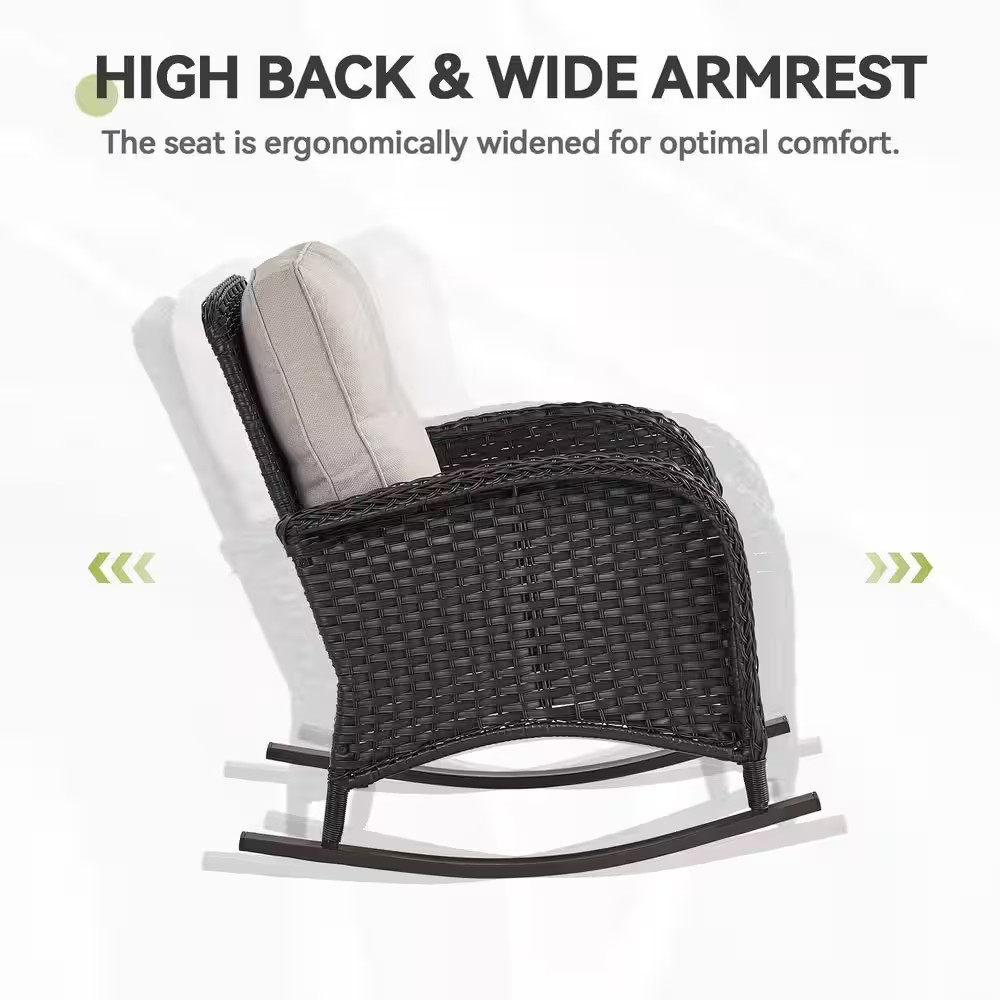 Sleekarm Black 3-Piece Wicker Outdoor Rocking Chair with Beige Cushions and Side