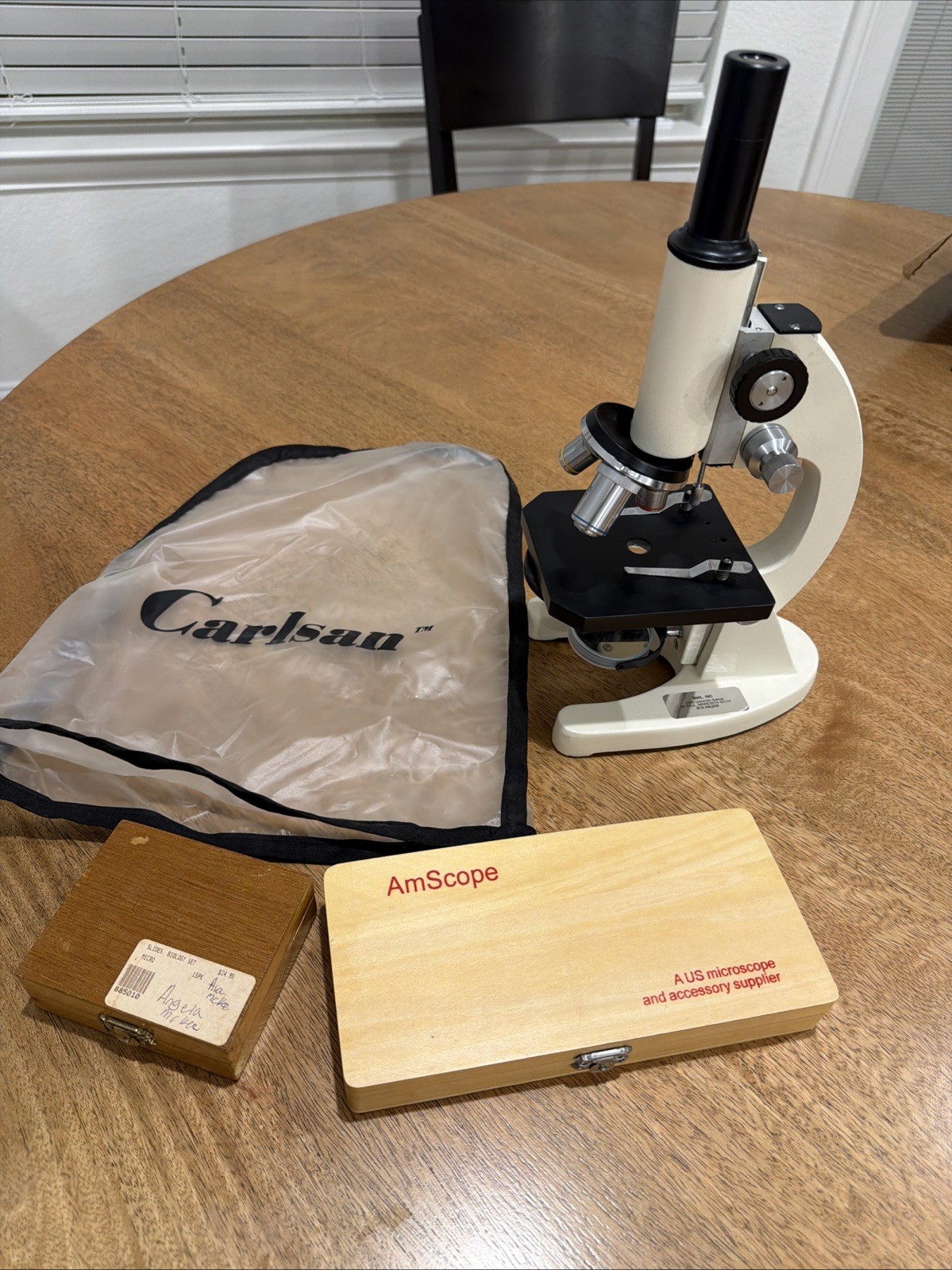 Vintage Carlsan Monocular Microscope with 3 Objectives And Micro slides