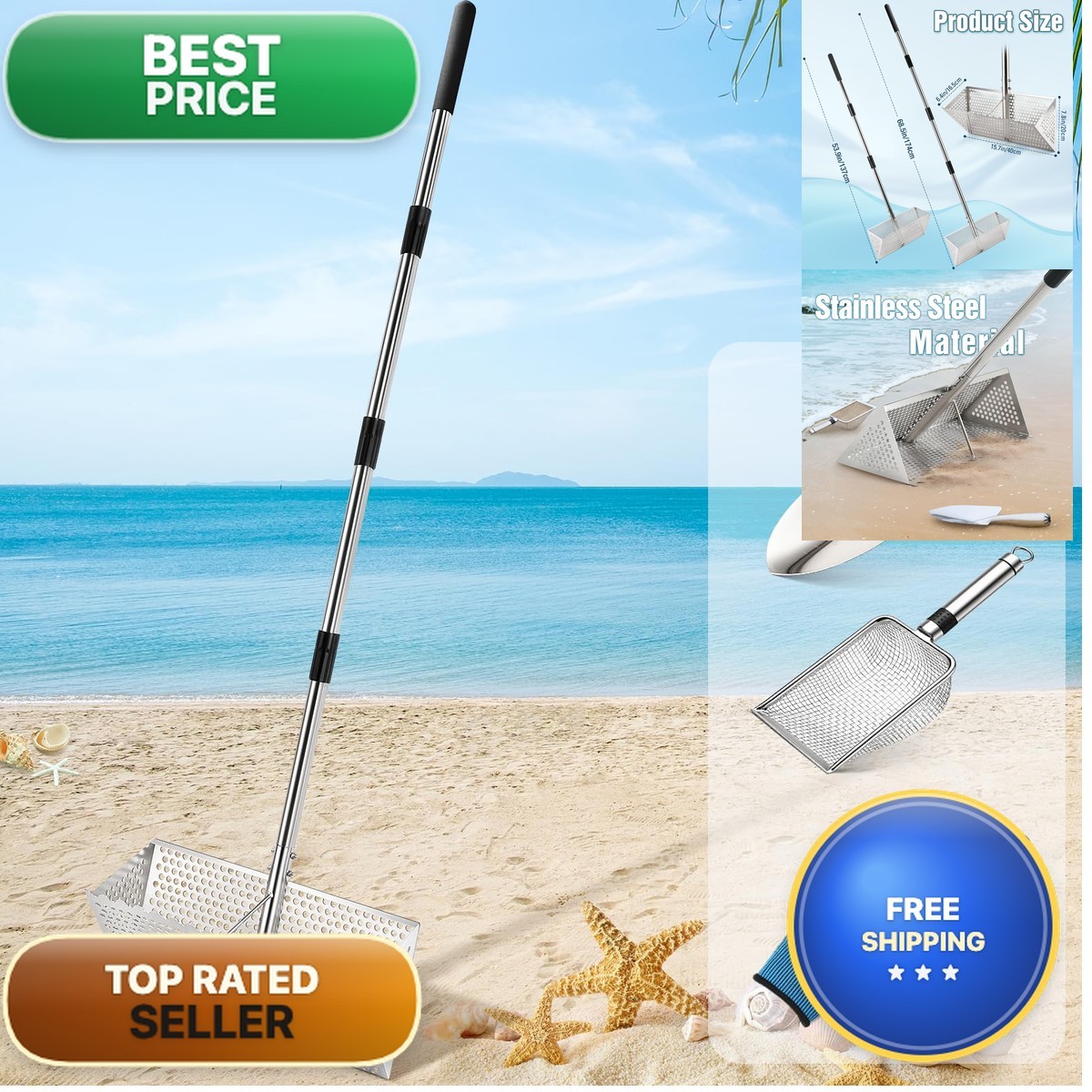 AugFir SZP Sand Flea Rake 16-Inch Stainless Steel Sifter for Fleas Shells Shark