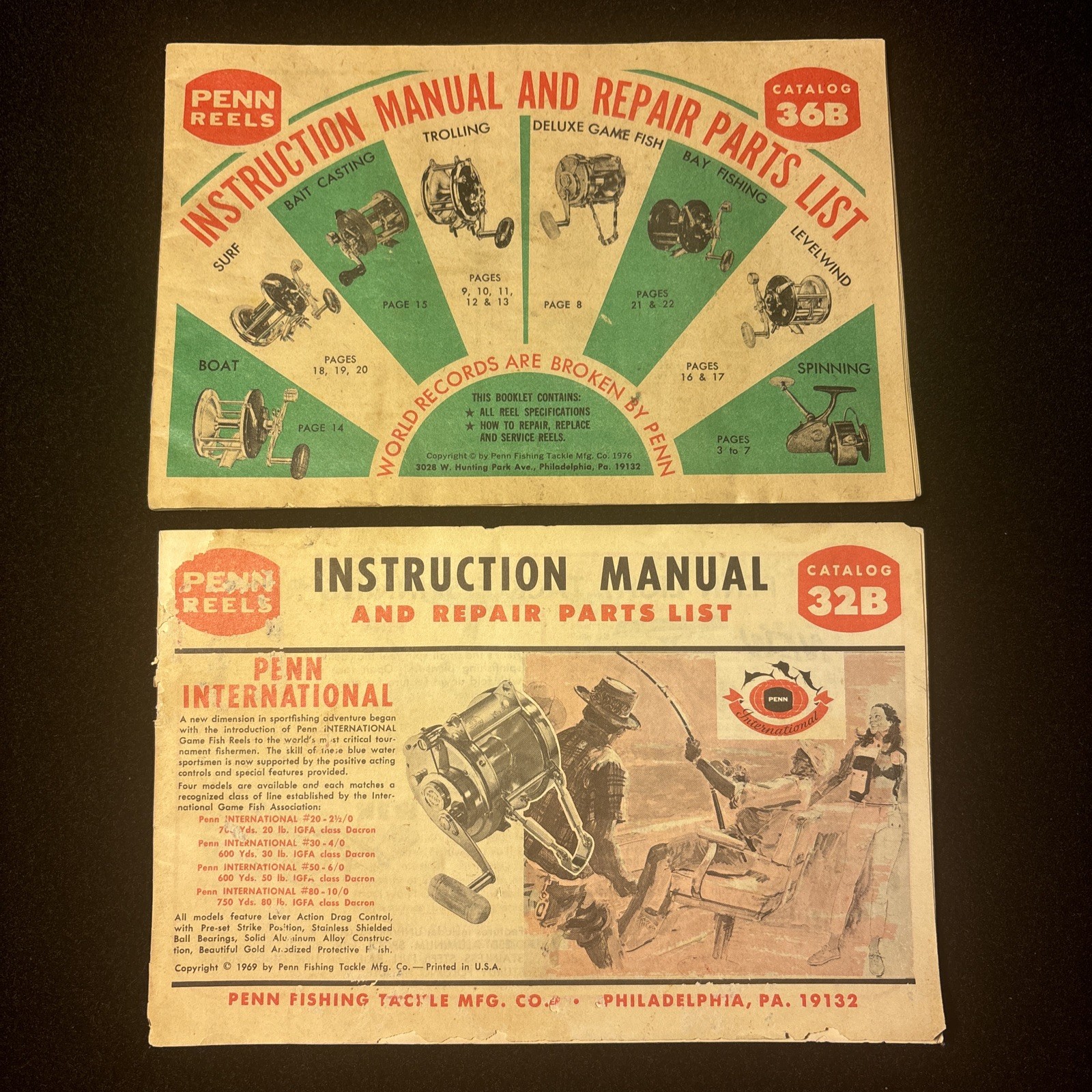 Penn Fishing Reel Instruction & Parts Manuals 36B And 32B Lot of (2)